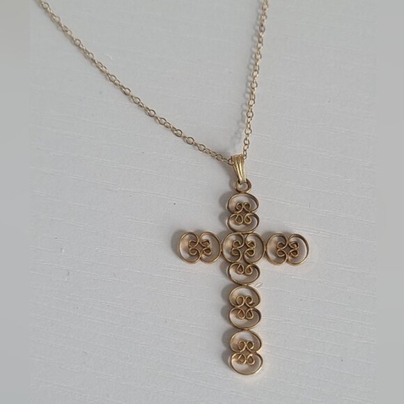 Vintage Gold Filled Baroque Filigree Large Cross Pendant Statement Necklace - Picture 5 of 13